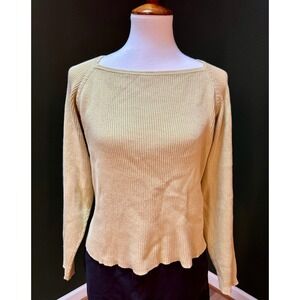 Vtg Green Ribbed Square Neck Long Sleep Top 100% Cotton Women's Size PL